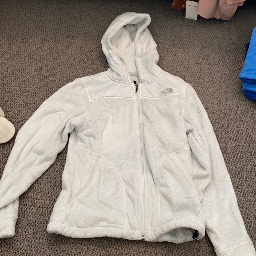 North face white fuzzy full zip jacket with hood